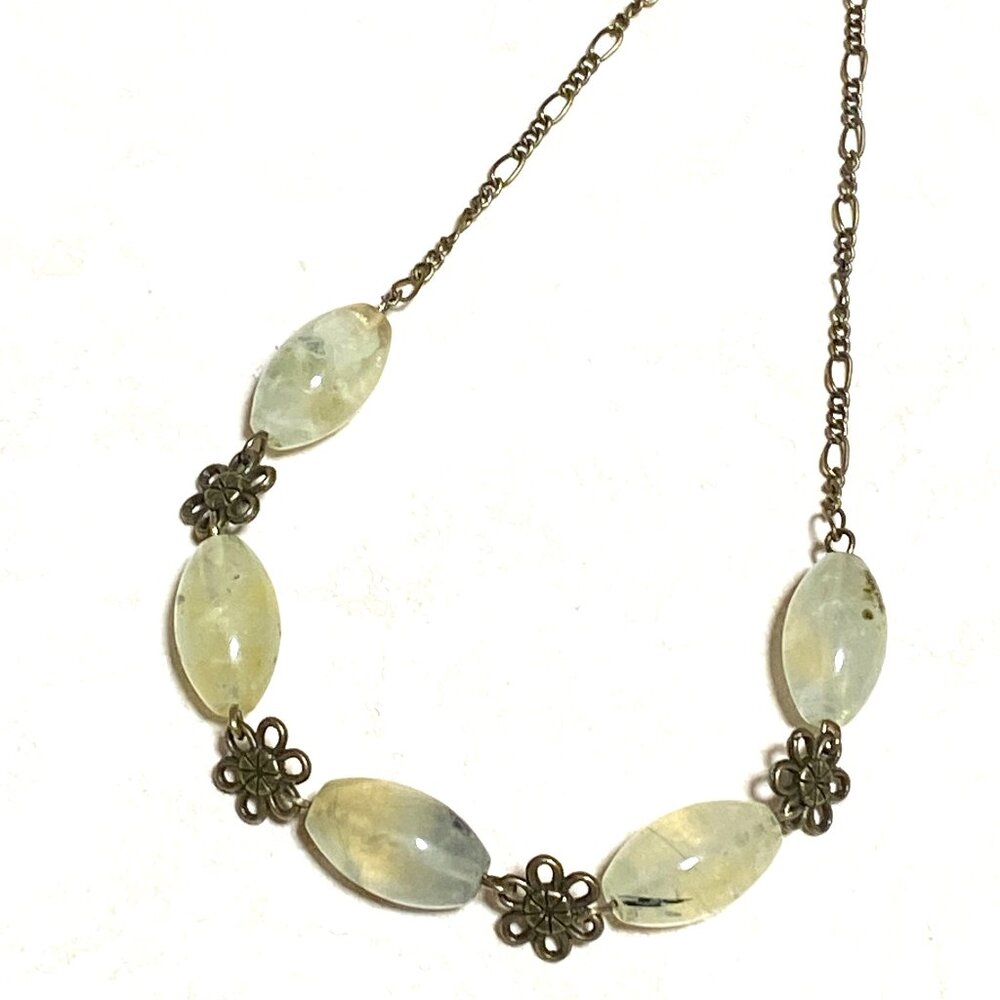 Natural Green Prehnite Necklace, Genuine Gemstones & Bronze Flower Chain